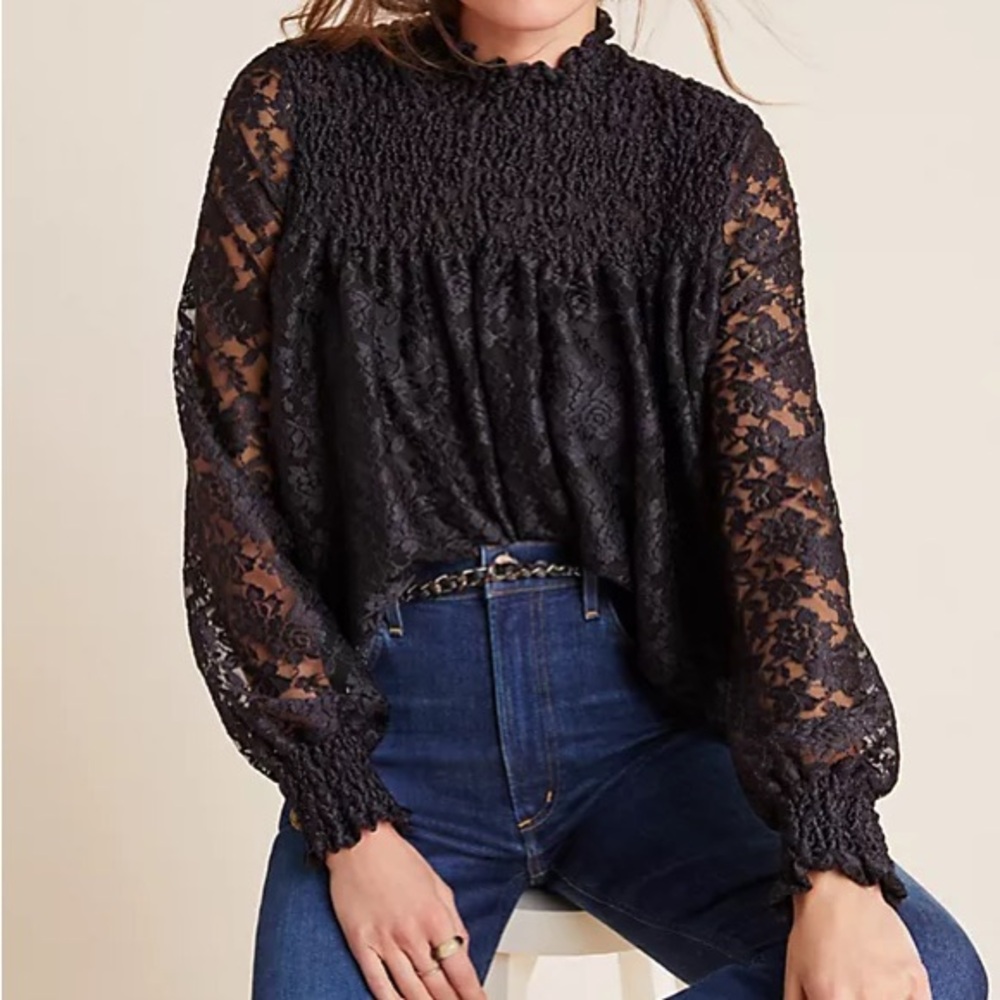 NWOT Cable and Gauge women small Smocked High-Neck Top, black, blouse, Workwear